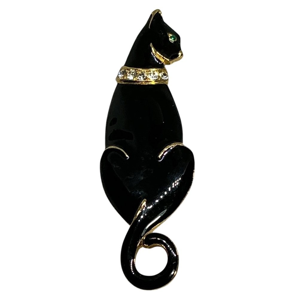 Vintage Trifari Black Enamel Cat Brooch Gold Tone Rhinestone Collar Green Eye